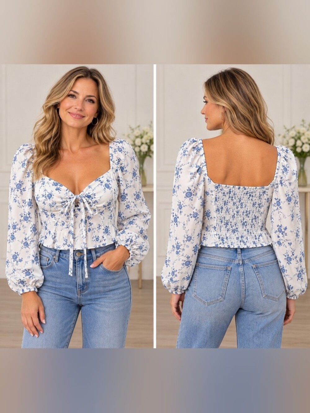 gianni bini floral tie front lined croptop blue white balloon sleeve smocked 10